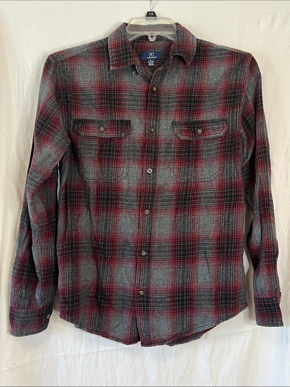 George Red and Gray Plaid Button-Down Flannel Shirt size Small